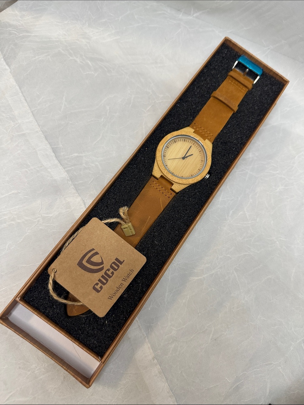 Brown Wooden Dial Men's Watch with Leather Strap